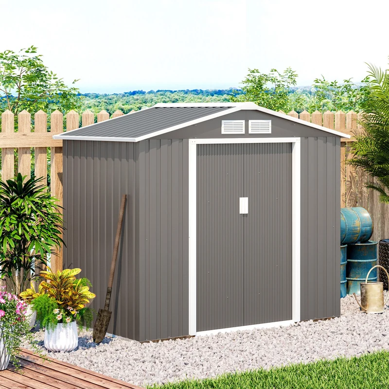 Tuinhuisje – Tuinkast – Tuinberging – Tuinopslag – Gereedschapsschuur – Grijs – Gegalvaniseerd Stalen Frame – Weerbestendig Met Schuifdeuren – 213x130x185 cm