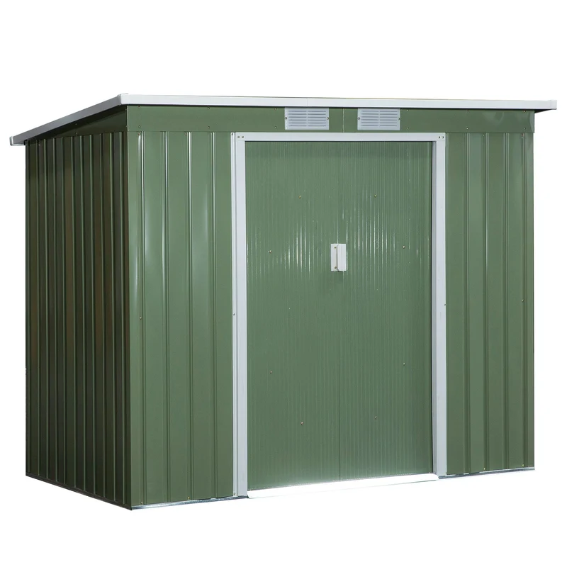 Steigerhuisje – Tuinkast – Tuinhuisje – Opbergschuur – Tuinberging – Gegalvaniseerd Staal – Ventilatieramen en Schuifdeur – 213x130x159/172 cm – Weerbestendig Groen