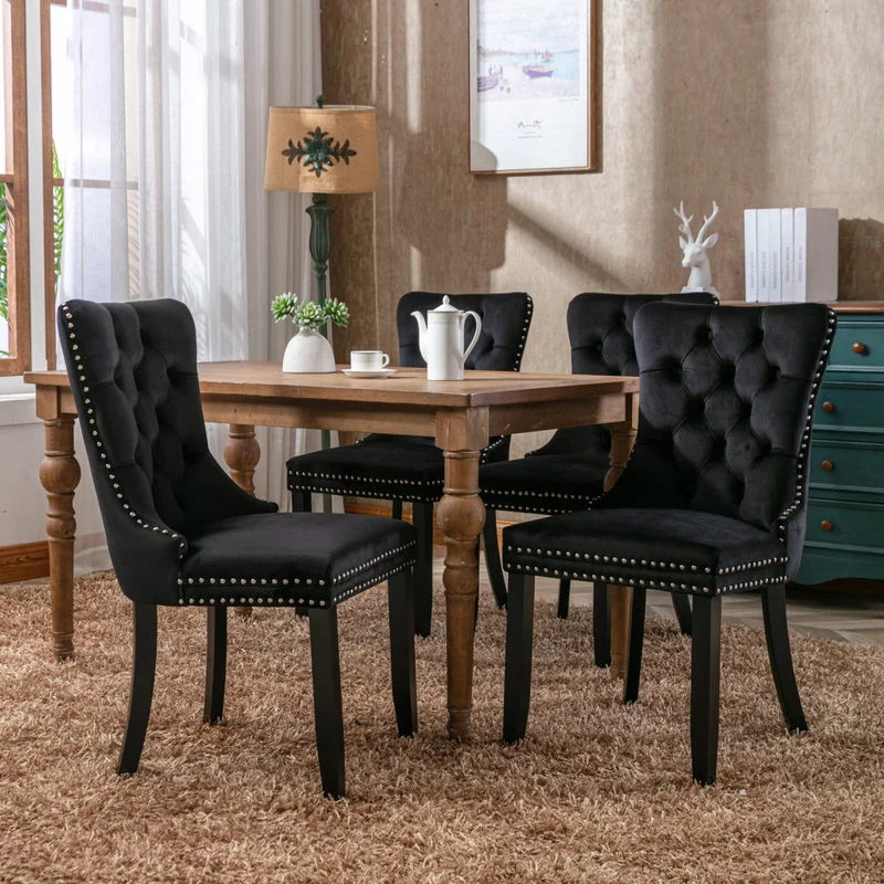 Eetkamerstoelen – Stoelen – Dining Chairs – Kuipstoelen – Design Stoelen – Set van 2 Zwarte Fluwelen Stoelen – Verstelbare Poten – Hoogwaardige Kussen Met Stalen Veer
