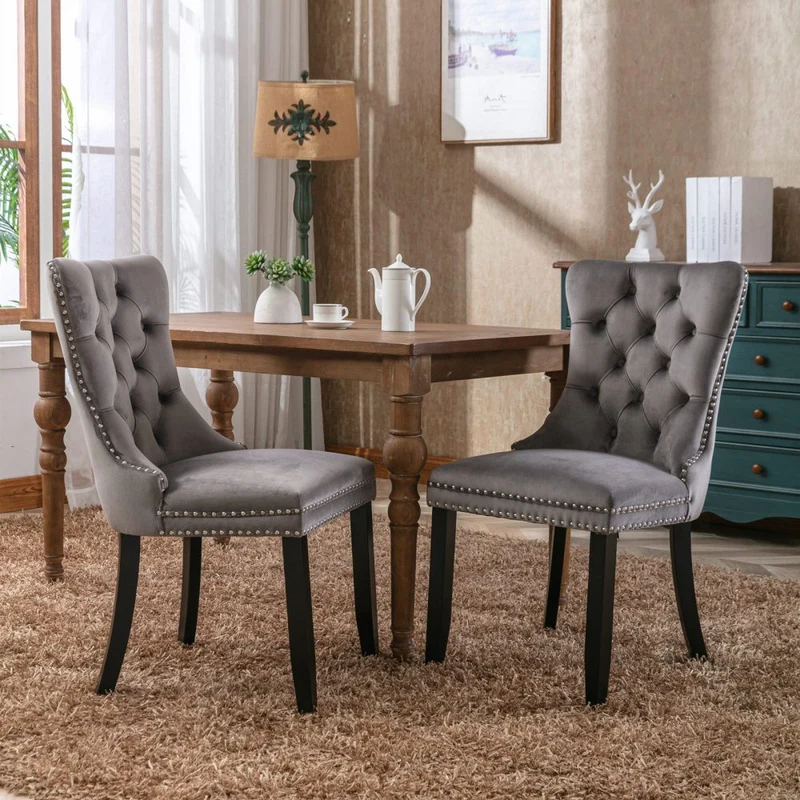 Eetkamerstoelen – Stoelen – Dining Chairs – Kuipstoelen – Velvet Stoelen – Set van 2 Grijze Fluwelen Stoelen – Verstelbare Houten Poten – Comfortabele Hoogwaardige Schuimvulling
