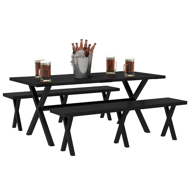 Picknicktafel – Bierbank – Tuinset – Tafel met Bankjes – Aluminium Tafelblad – Stalen Banken – Parasolgat – Weerbestendig – 180x80x73 cm – Zwart