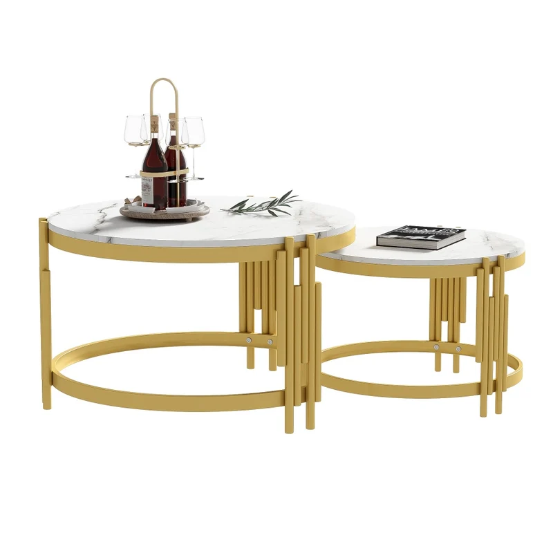 Salontafel – Koffietafel – Bijzettafel – Woonkamertafel – Tafeltje – Ronde Set van 2 – Marmerlook Tafelblad – Goud Metalen Frame