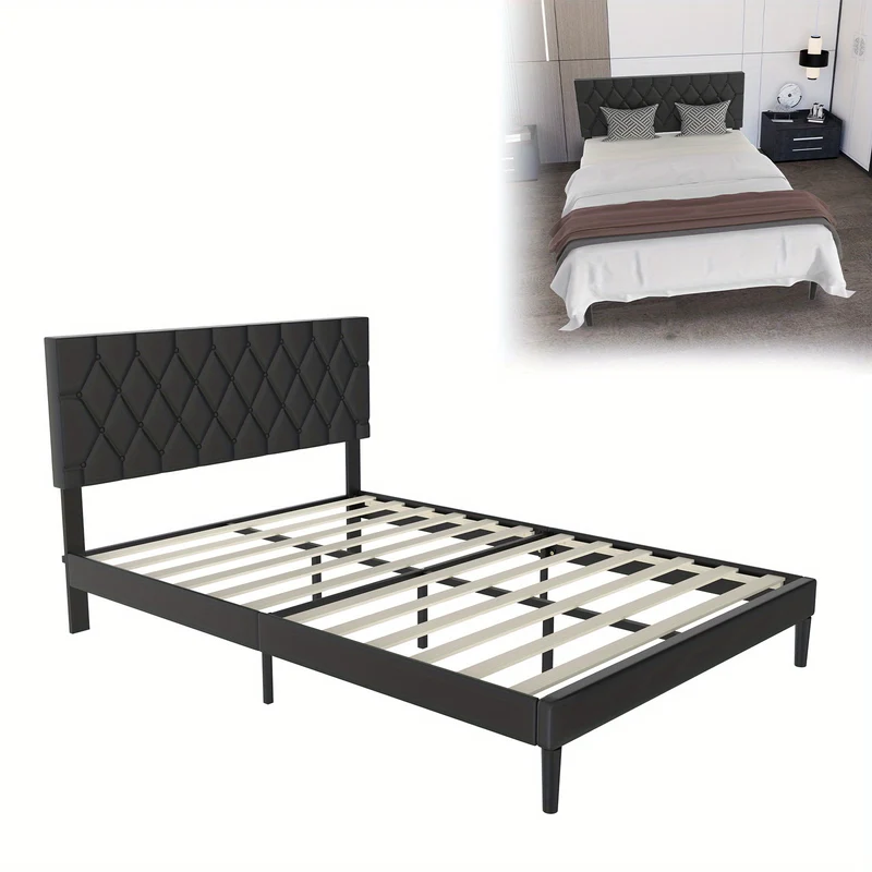 Gestoffeerd Bed – Bedframe – Slaapbed – Ledikant – Platformbed – Zwart Kunstleer – 140x200 cm – Comfortabel Hoofdbord – Stevige Lattenbodem