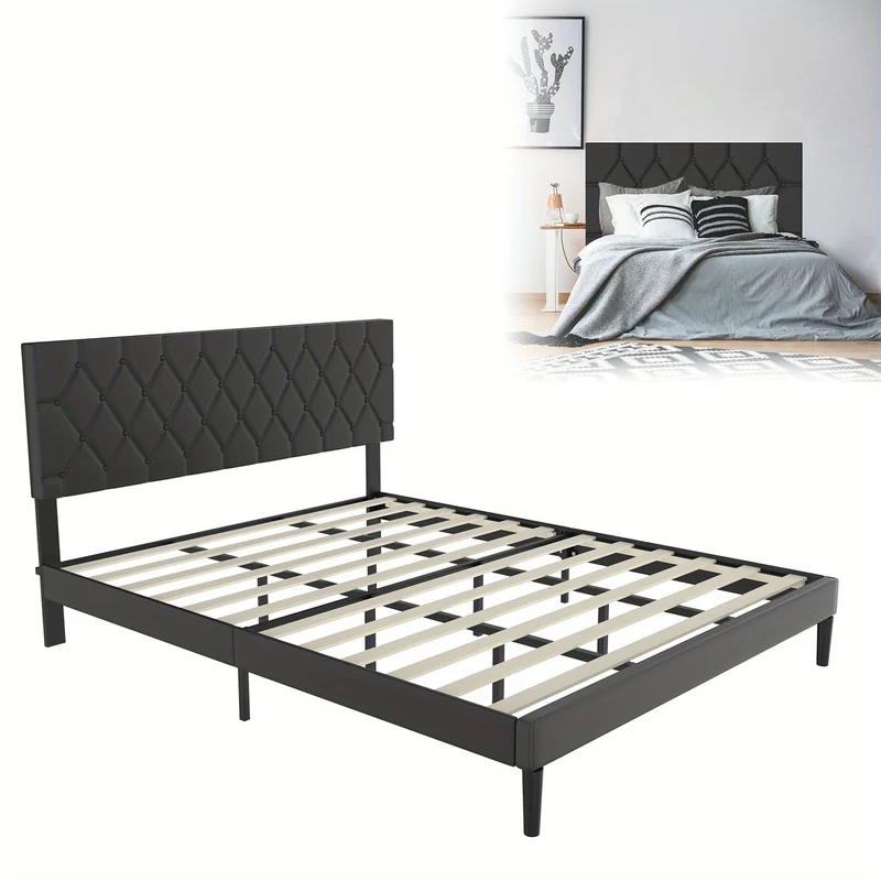 Gestoffeerd Bed – Tweepersoonsbed – Bedframe – Ledikant – Slaapbed – Zwart Kunstleer – 160x200 Cm – Houten Lattenbodem – Stevige Metalen Ondersteuning