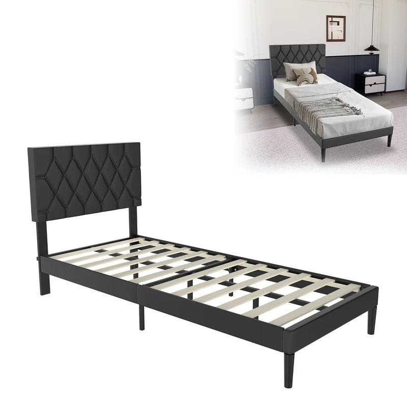 Gestoffeerd Ledikant – Bed – Bedframe – Slaapbank – Ledikant Zwart – Imitatieleren Bekleding – 90x200 Cm – Houten Lattenbodem – Modern Design