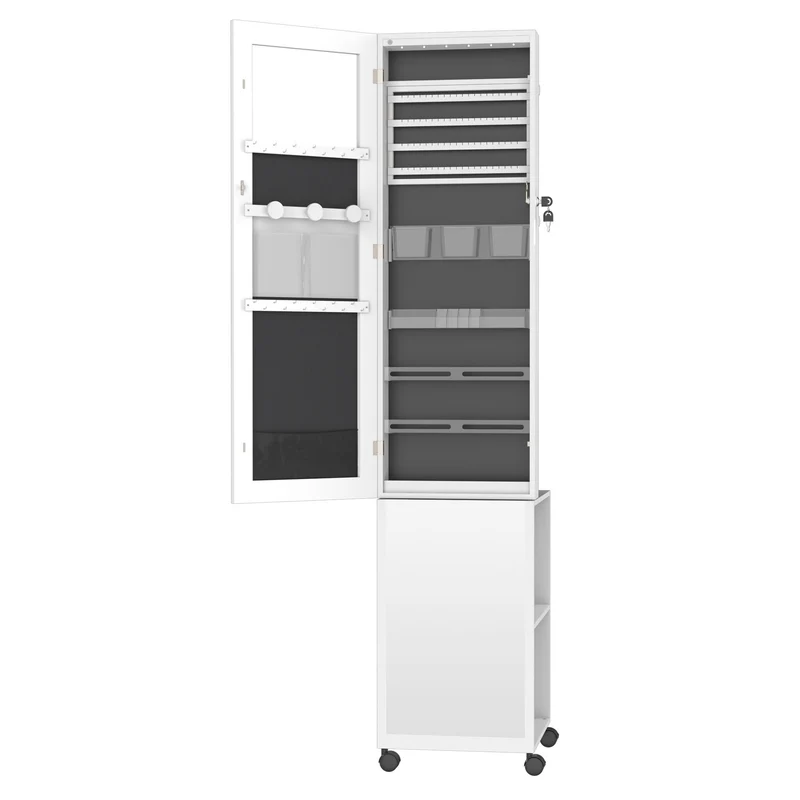Sieradencabinet – Sieradenkastje – Spiegelkast – Organizer – Accessoirekast – Met Slot en Wieltjes – MDF Met Fluwelen Voering – Volledige Spiegel 36x40x170 cm – Mobiel en Veilig Opbergen