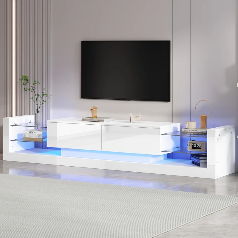 tv meubel – tv kast – tv dressoir – tv meubelen – media meubel – hoogglans wit – glazen front – 181 cm – geschikt voor tv tot 80 inch – twee klepdeuren – hout