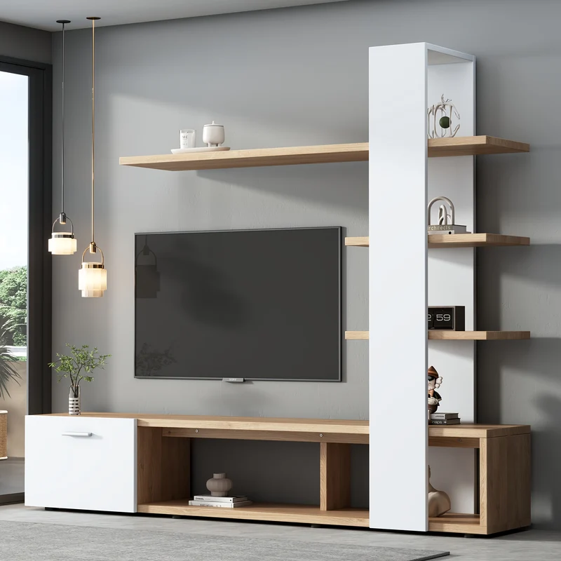 TV meubel – TV kast – Lowboard – TV wandmeubel – Woonkamermeubel – Modern design – Hout wit eiken – Geschikt voor TV tot 60 inch – Afmetingen 180x33,5x151,5 cm