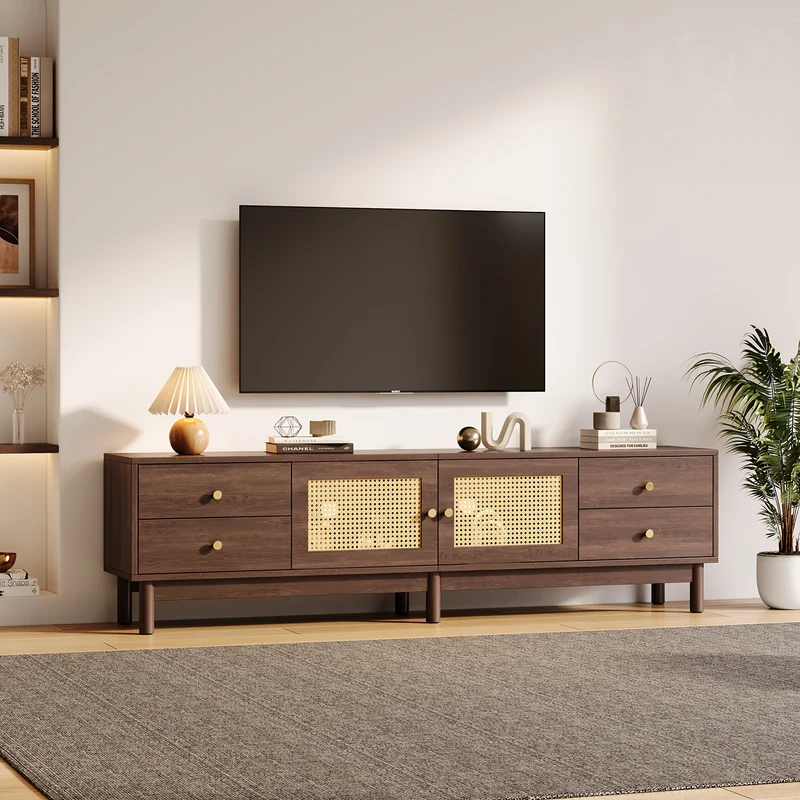 Tv-meubel – Tv-standaard – Tv-kast – Tv-buffet – Donker Hout – Rieten Deuren – 179,83 cm Breed – Hydraulische Scharnieren & Kabelmanagement