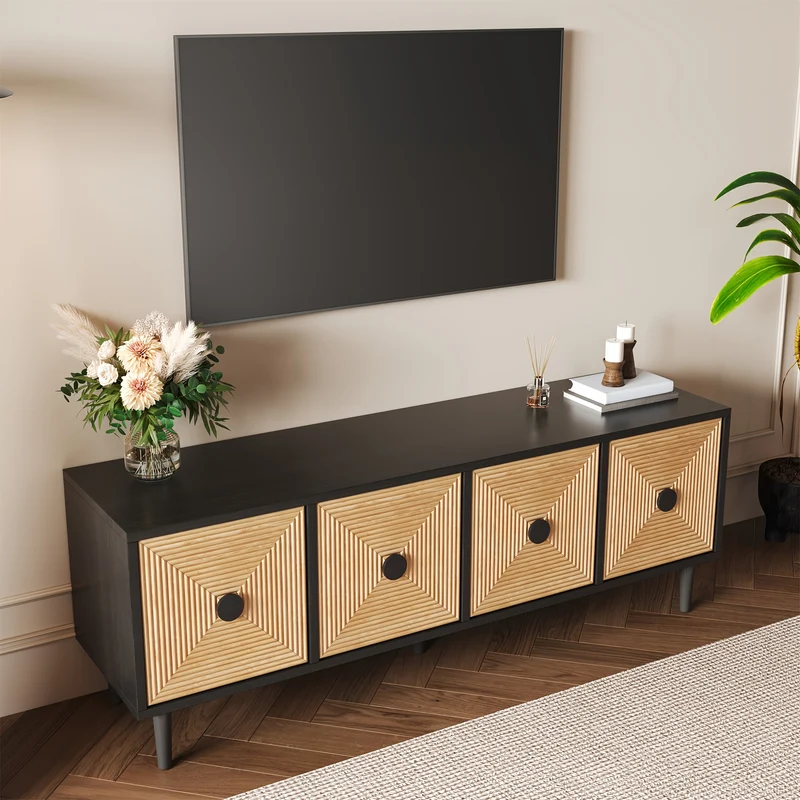 TV-meubel – Tv-kast – Lowboard – Media meubel – Entertainment kast – Zwart met bamboe – Laag design 150x38x55 cm – Ruime opbergruimte