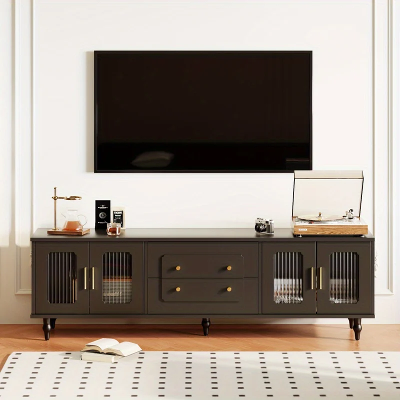 Retro TV-kast – TV Meubel – Lowboard – Mediameubel – Dressoir – Zwart Met Gouden Accenten – Push-to-Open Lades – Stevige Houten Poot Met Metaal