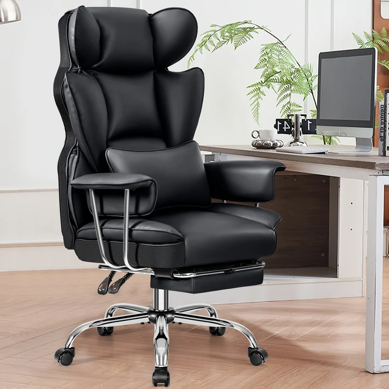 Ergonomische Bureaustoel – Bureaustoel Met Voetensteun – Kantoorstoel – Directeurstoel – Werkstoel – 360° Draaibaar – Verstelbare Rugleuning – Stevig Metaalframe – Witte Kunstleren Bekleding
