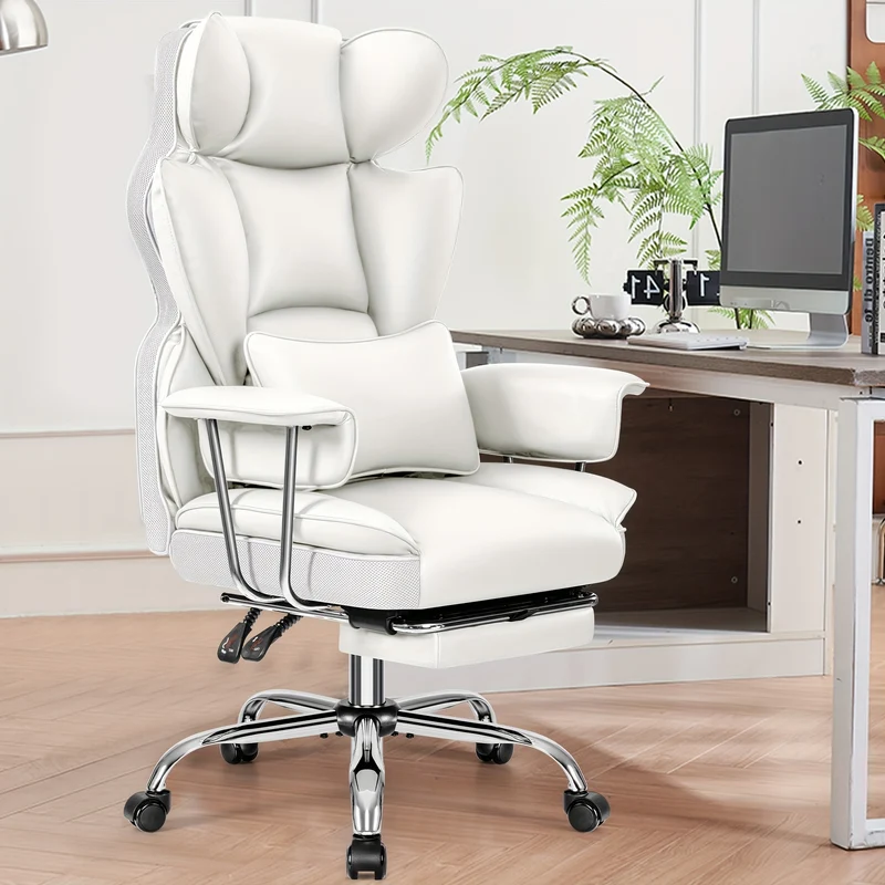Bureaustoel – Ergonomische Stoel – Office Chair – Gamestoel – Draaistoel – Hoge Rugleuning – Lendensteun – Met Voetensteun – Wit Kunstleer – 360° Draaibaar – Metaal Frame