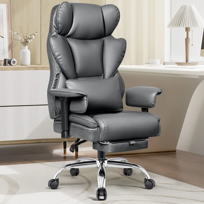 Bureaustoel – Kantoorstoel – Werkstoel – Bureaufauteuil – Bureaustoel Met Voetensteun – Ergonomische Hoge Rugleuning – Stevig Carbon Stalen Frame – PU Leer – Grijs
