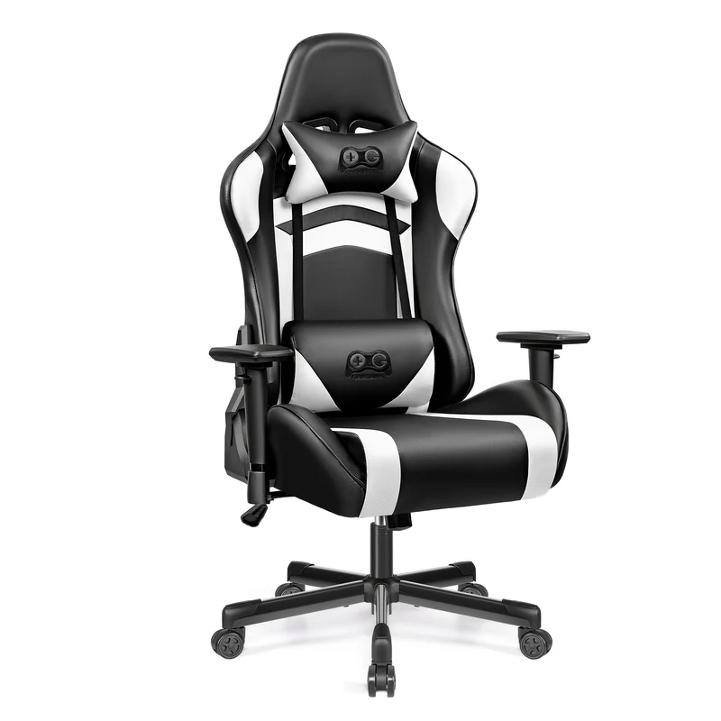 Gaming Stoel – Gaming Chair – Gamestoel – Bureaustoel – Racestoel – Ergonomisch Design – PU-Leder Bekleding – Verstelbare Rugleuning & 3D Armleuningen – Inclusief Lenden- en Nekkussen – Zwart Wit Variant