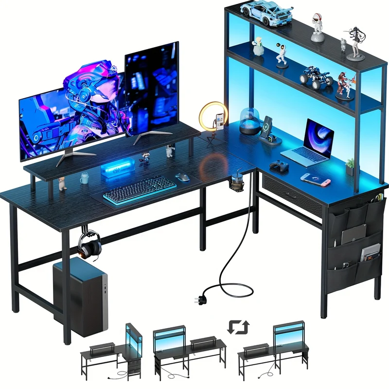 Gaming Bureau – Gaming Desk – Hoekbureau – Game Bureau – Computerbureau – L-Vormig Hoekontwerp – LED Verlichting – Zwart – Met Monitorstandaard – Ruime Opbergruimte