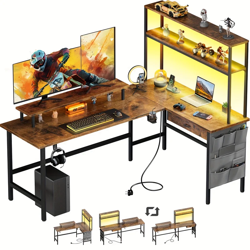 Gamingbureau – Game Bureau – Gaming Desk – Computertafel – Hoekbureau – L-vormig – LED Verlichting – Verstelbare Monitorstandaard – 100x170x74 cm – Zwart