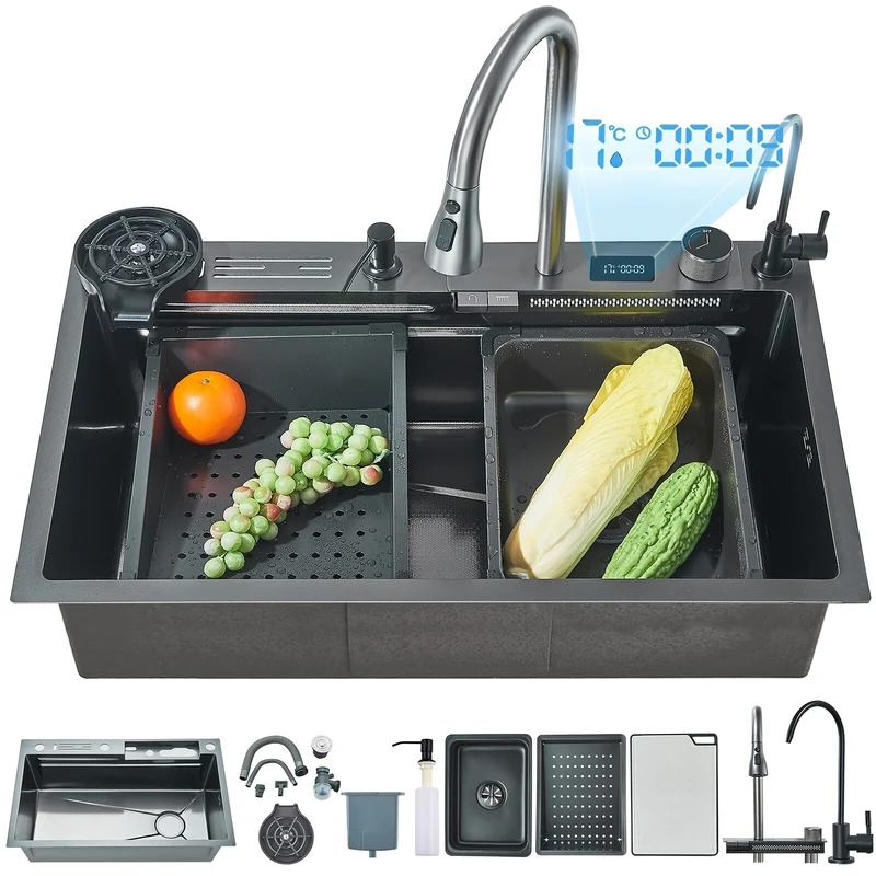 RVS Waterval Spoeltafel – Keukenspoelbak – Spoelbak RVS – Enkele Spoelbak – Onderbouw Spoeltafel – Waterspaardisplay – Uittrekbare Watervalkraan – 76,2x45,97x20,5 cm Antraciet