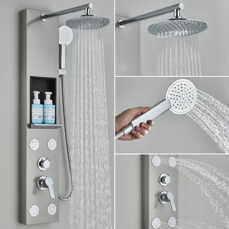 Douchesysteem – Doucheset – Regendouche – Douchepaneel – Douchekolom – 20 cm RVS Regendouche – 4 Verstelbare Body Jets – 3-Standen Handdouche – Mat Zwart