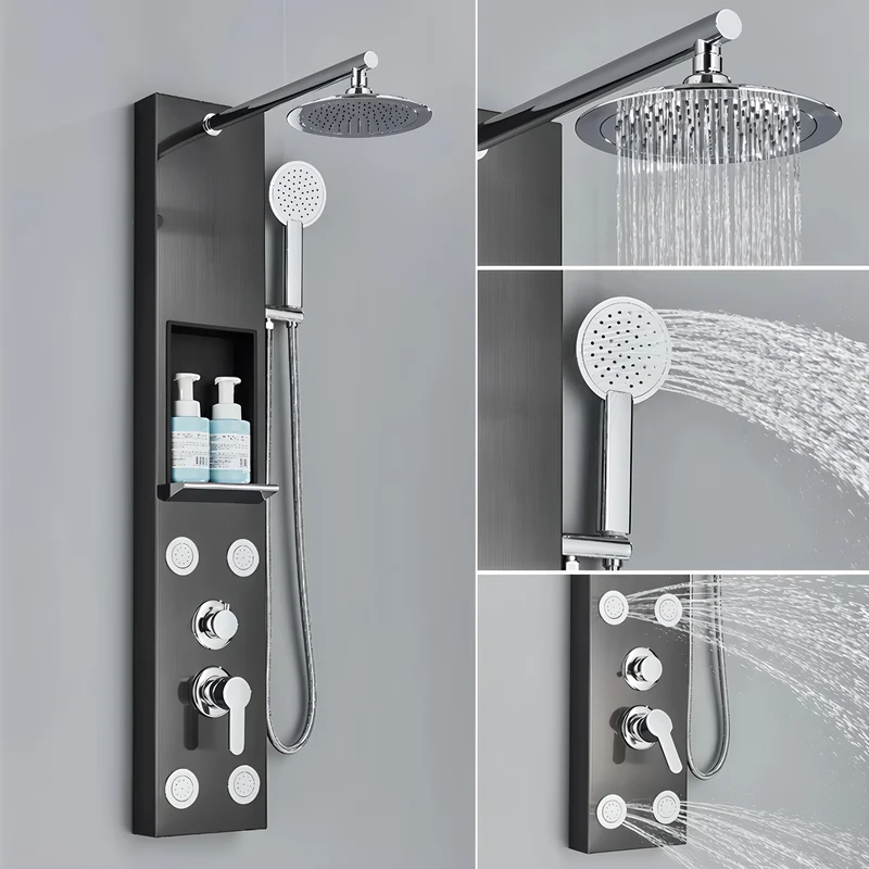 Douchesysteem – Doucheset – Douchepaneel – Douchekolom – Regendouche – RVS Mat Zwart – 20 cm Regendouche – 4 Bodyjets Met Handdouche 3-standen