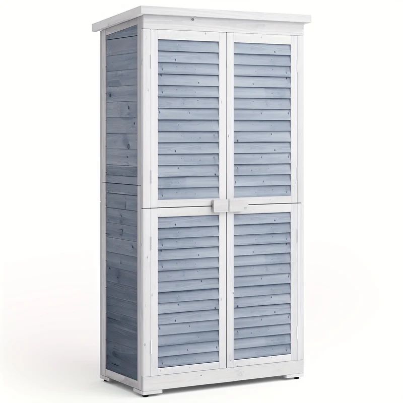 Houten Tuinkast – Tuinkast Met Schuifdeuren – Tuinberging – Buitenkast – Opbergkast – Grijs – 2-Laags Met Ruime Legplanken – Stevig Houten Materiaal