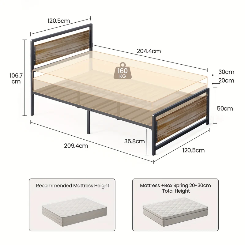 Bedframe – Platformbed – Eenpersoonsbed – Tweepersoonsbed – Bedframe Met Hoofdbord – 120x200 cm – Metaal En Hout – 35 cm Opbergruimte Onder Bed