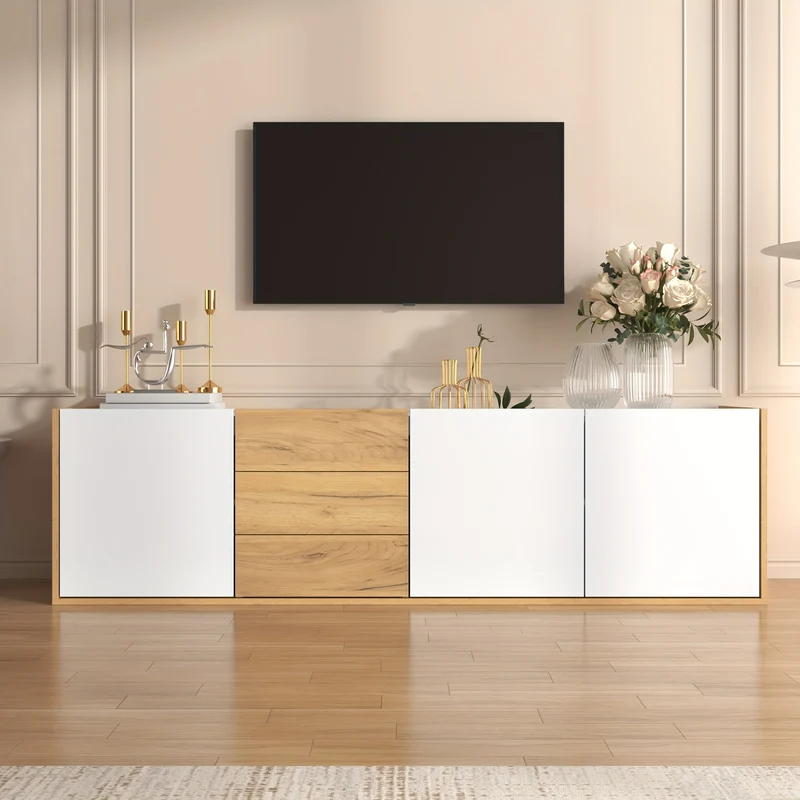 TV-meubel – TV-kast – Mediameubel – Entertainmentmeubel – Lowboard – Wit en Houtkleur – Wandmontage en Vrijstaand – Onderhoudsvriendelijk materiaal