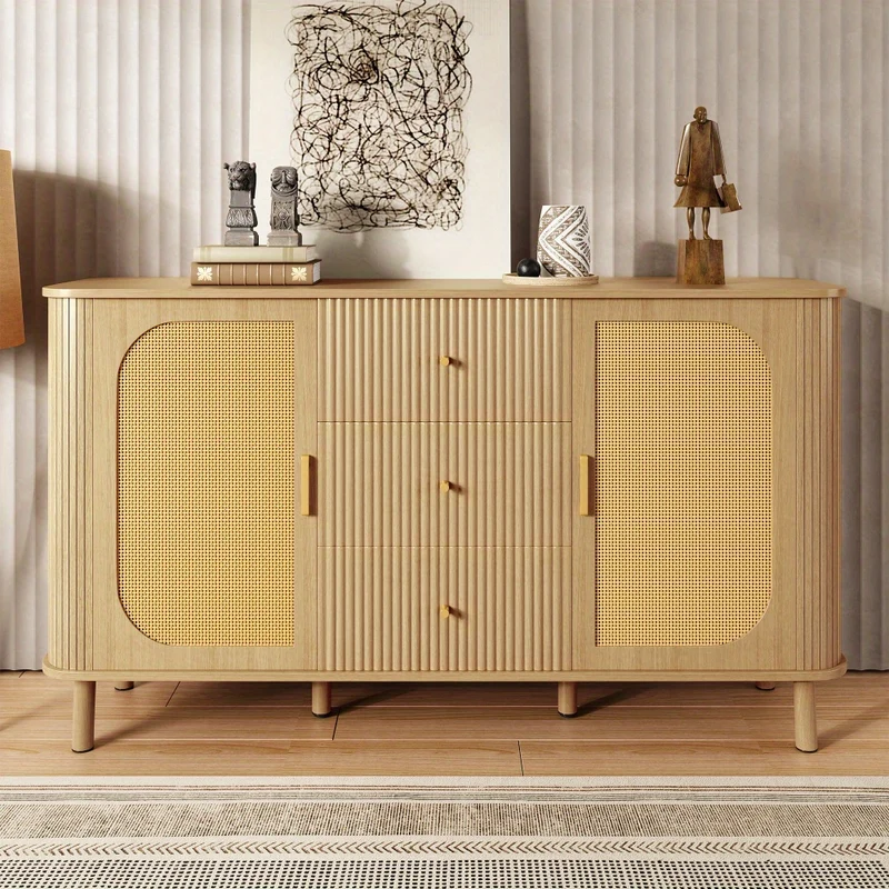 Dressoir – Kast – Opbergkast – Ladekast – Buffetkast – Natuurlijk Houtkleur – Met Laden en Open Vak – Metalen Poten – Vrijstaand Vloermodel