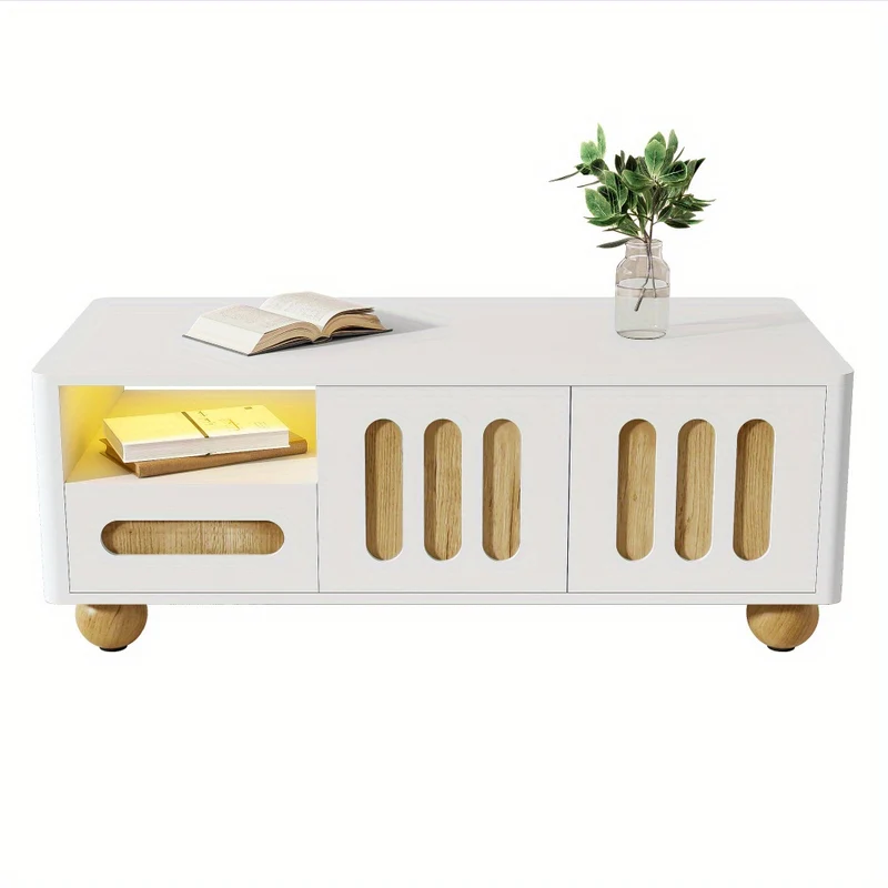 Salontafel – Woonkamermeubel – Koffietafel – Tafeltje – Modern Tafeltje – Wit Met Houtlook – 4 Deuren & 2 Laden – Afgeronde Hoeken & Bolvormige Poten
