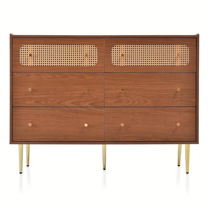 Dressoir – Opbergkast – Ladekast – Buffetkast – Kast – Walnootkleur – Metalen Frame – 6 Rieten Lades Met Trekkoord – Vrijstaand – 90x120x40 cm