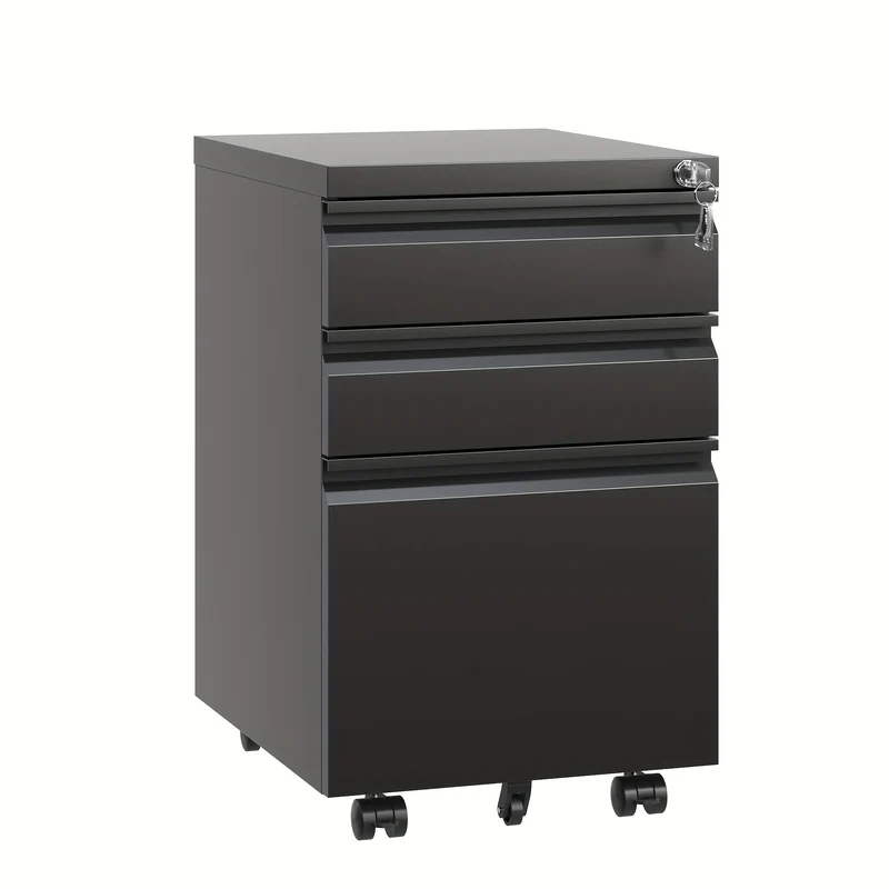 Mobiele Ladenkast – Rolcontainer – Archiefkast – Bureaulade – Kantoorkast – Metalen Constructie – 3 Afsluitbare Laden – Zwenkwieltjes – Zwart – 68,58 cm Hoog
