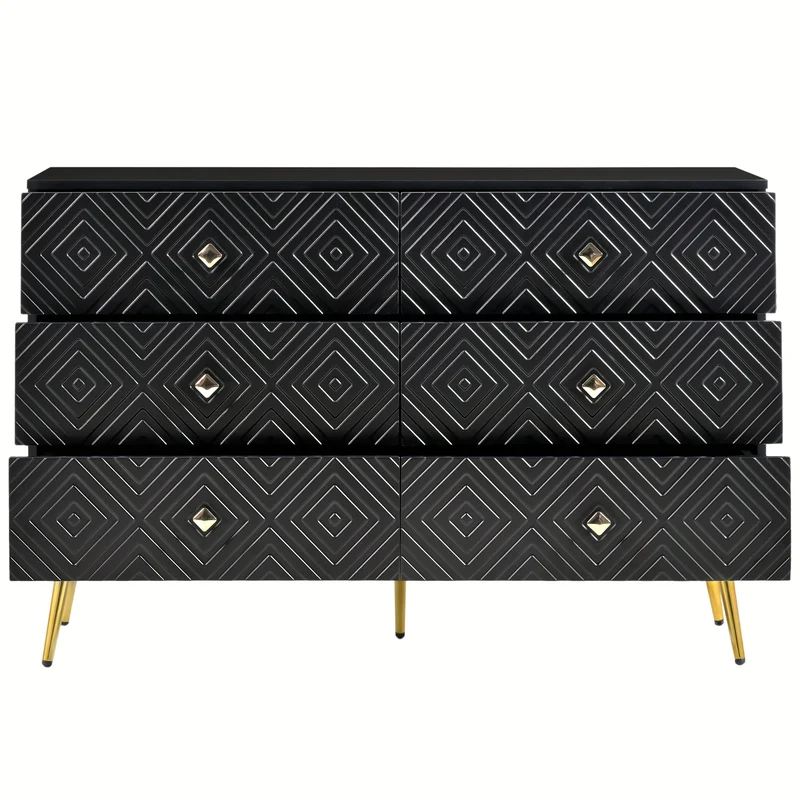 Ladekast – Ladenkast – Commode – Opbergkast – Dressoir – Zes Lades – Modern Ontwerp – 120x40x80 cm – Zwart Met Gouden Accenten – Metalen Poten – Stevig & Duurzaam