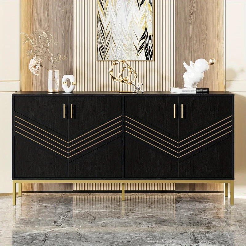 Dressoir – Sideboard – Opbergkast – Buffetkast – Wandkast – 4-Deurs Modern Design – Verstelbare Planken & 360° Draaibaar – Wit Met Gouden Metalen Frame – Grote Opbergruimte – Vloerstaand Zonder Elektriciteit