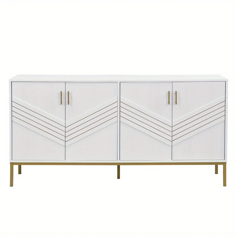 4-Deurs Kast – Dressoir – Sideboard – Opbergkast – Woonkamerkast – Wit Met Gouden Details – Verstelbare Legplanken – Ruime Opbergruimte