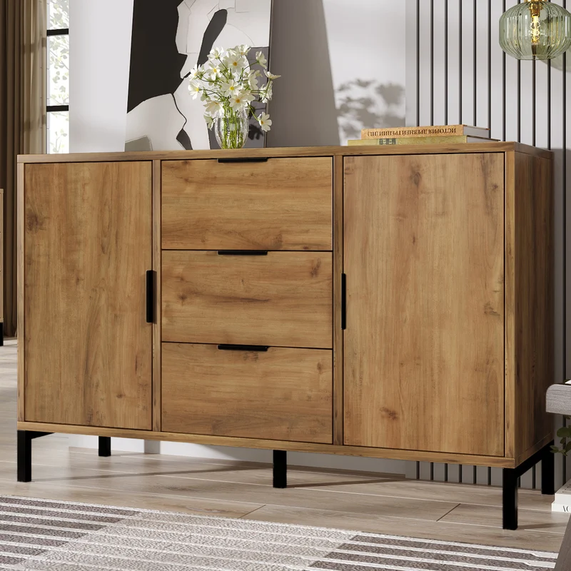 Dressoir – Kast – Opbergkast – Sideboard – Buffetkast – Donker Eiken – 120x40x76 cm – Verstelbare Planken – 3 Laden & 2 Deuren