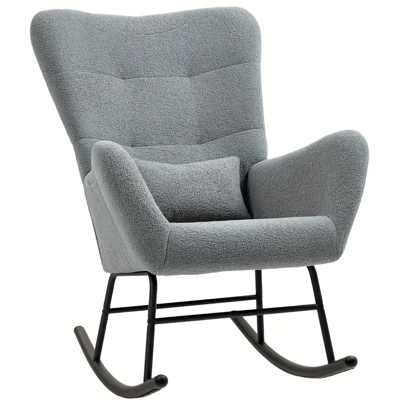 Schommelstoel – Relaxstoel – Fauteuil – Voedingsstoel – Loungestoel – Teddy Stof Grijs – Met Lendenkussen & Zijvakken – Metalen Frame & Gewatteerde Armleuningen