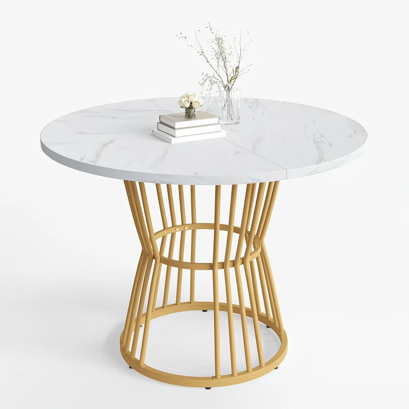 Ronde Eettafel – Eettafel Rond – Keukentafel – Ontbijttafel – Tafel Marmerlook – Wit Gouden Frame – Compact Design – Stevig Metalen Frame