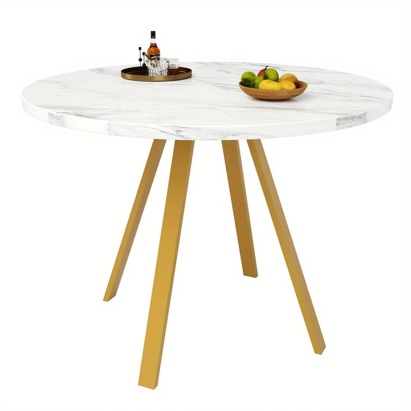 Ronde Eettafel – Ronde Tafel – Keukentafel – Eettafel 4 Personen – Koffietafel – Metalen Gouden Poten – Witte Marmerlook – 80x80x75 cm