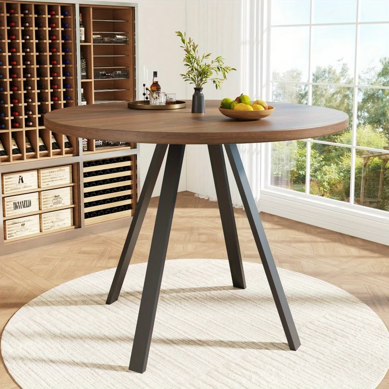 Ronde Eettafel – Eetkamertafel – Tafel – Ronde Tafel – Keukentafel – 80x80x75 cm – 4 Personen – MDF Marmerlook – Metalen Poten Mat Zwart Walnoot