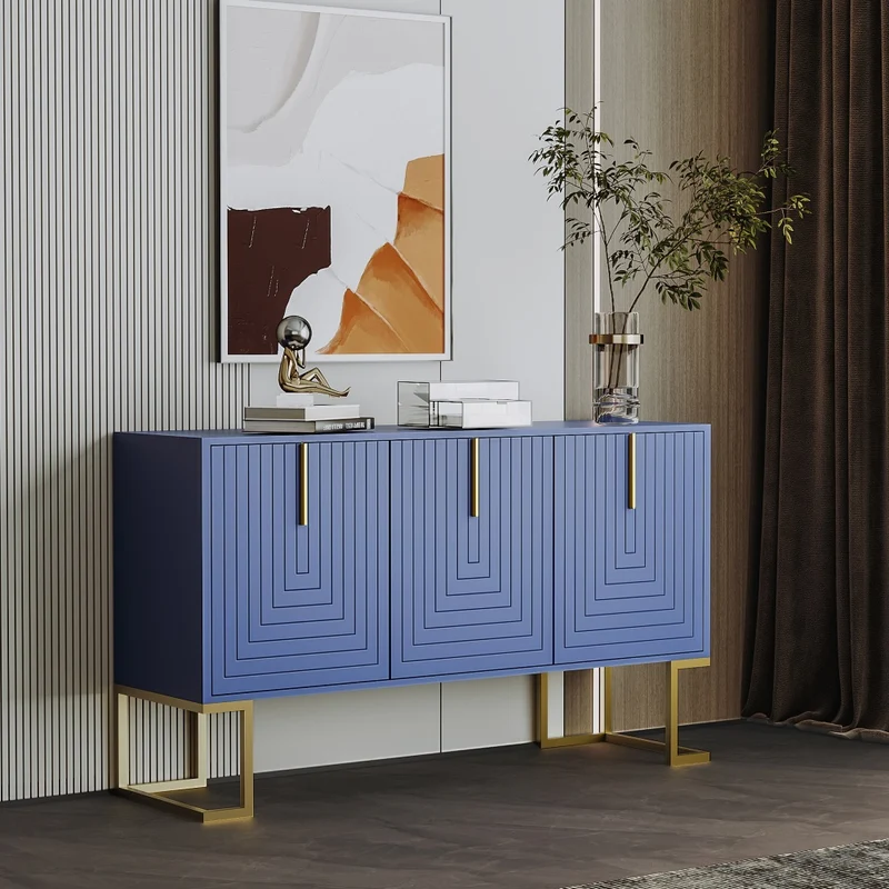 Dressoir – Sideboard – Opbergkast – Woonkamerkast – Buffetkast – Modern 3-Deurs – Verstelbare Planken – Gouden Metalen Voet – Navy Blauw