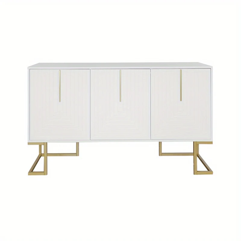 Dressoir – Opbergkast – Buffettafel – Kast – Ladekast – Modern Design – 3 Deuren Met Verstelbare Planken – Witte Afwerking Met Gouden Basis