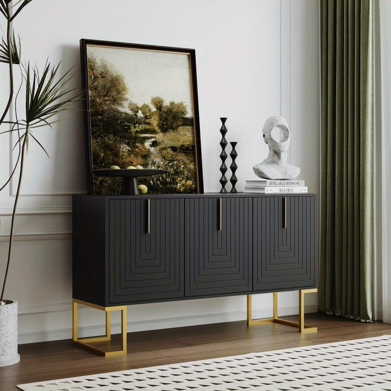 Dressoir – Opbergkast – Buffetkast – Ladekast – Kast – Modern Design – 3 Deuren Met Verstelde Planken – U-Vormige Metalen Handgrepen Met Gouden Basis – Zwart