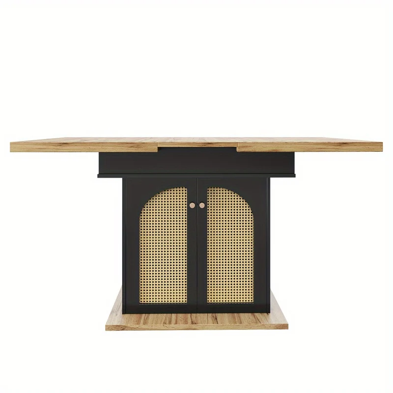 Uittrekbare Eettafel – Uitschuifbare Tafel – Uitklapbare Keukentafel – Multifunctionele Eettafel – Ruimtebesparende Tafel – Zwart Met PE Rotan Deuren – 110-140x80 cm – Geschikt Voor 4-6 Personen