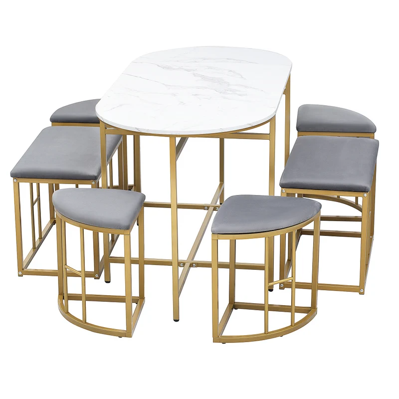 Eettafelset – Eethoek – Keukentafelset – Zitgroep – Tafeltje Met Krukken – Stalen Frame – Modern Wit Goud – 140x70x76 cm – Draaggewicht 120 kg