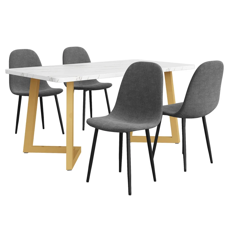 Eettafelset – Eethoek – Keukentafelset – Zitgroep – Eetkamertafel – Modern Design – Wit MDF Tafelblad met Gouden Metalen Poten – 4 Stoelen met Grijze Linnen Bekleding