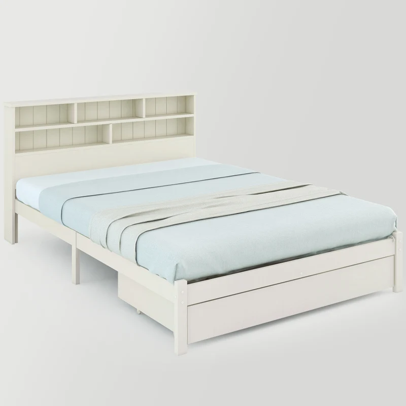 Beddenkasten – Bed Met Opbergruimte – Tweepersoonsbed – Ledikant – Slaapbank – Wit Modern Tweepersoonsbed 140x200 cm – Opberglades Onder Bed – Hoofdbord Met 6 Vakken