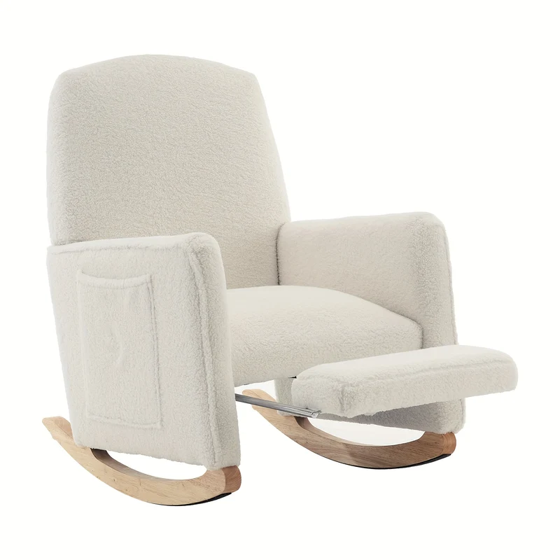 Lounge Schommelstoel – Relaxstoel – Fauteuil – Woonkamerstoel – Schommelstoel Met Voetenbankje – Wit – Hardhouten Frame – Zachte Teddy Bekleding