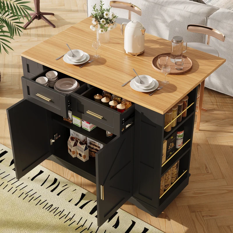 Keukeneiland – Keukentrolley – Serveerwagen – Keukenkast – Mobiele Keukenwagen – Uitschuifbare Eettafel – MDF Houtnerf – 4 Zwenkwieltjes