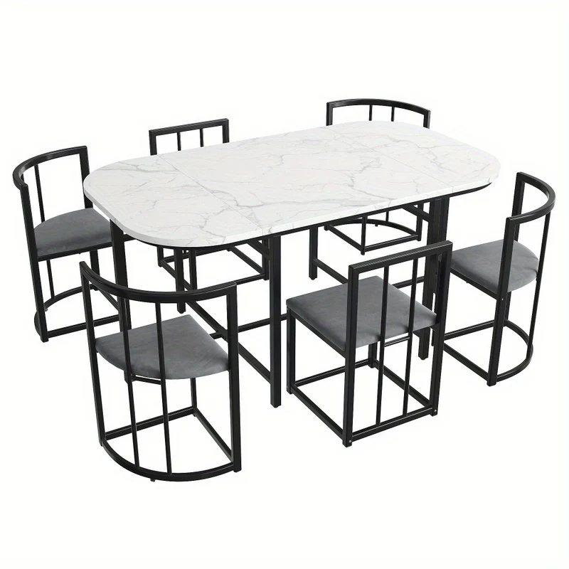 Eettafelset 6 Personen – Dining Table Set – Eetkamerset – Tafeltje Met Stoelen – Restaurantmeubilair – Modern Design – Wit MDF Blad – Zwart Metalen Frame – Comfortabele Grijze Stoelen – Duurzaam & Stevig