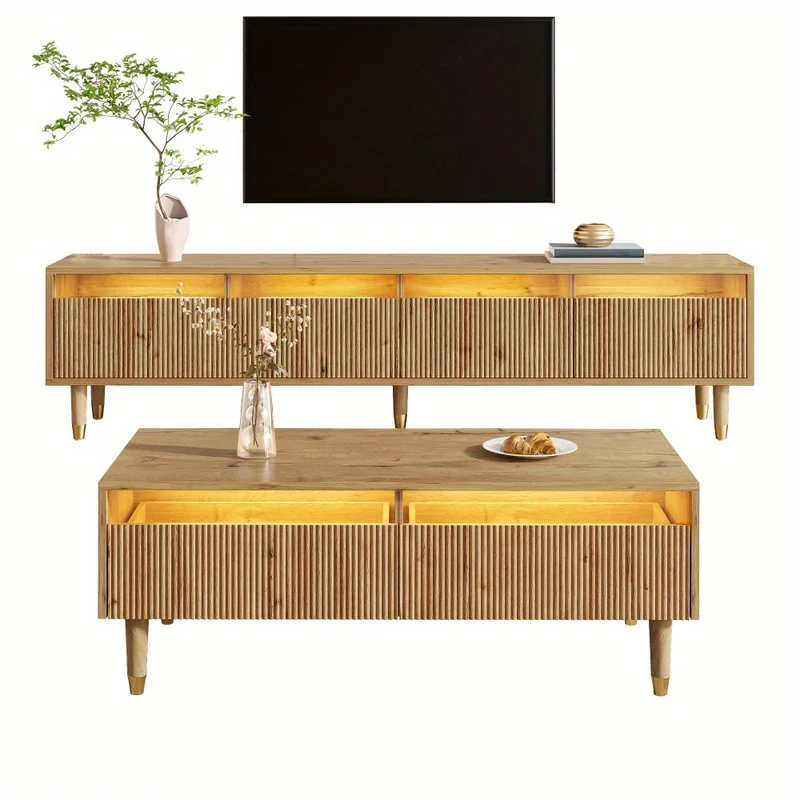 Modern Woonkamerset – Tv-kast – Salontafel – Meubelset – Opbergmeubel – Witte MDF Meubels – Gouden Details – Ruime Opbergruimte